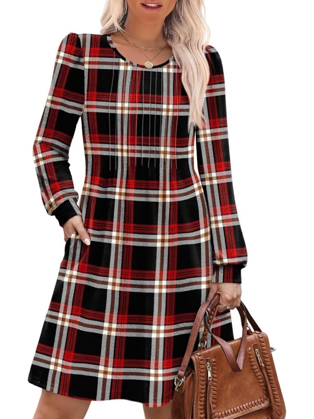 Women's Black Red Plaid Crew Neck Pockets Fall Baby Doll Sweater Mini Dress - Picture 1 of 5